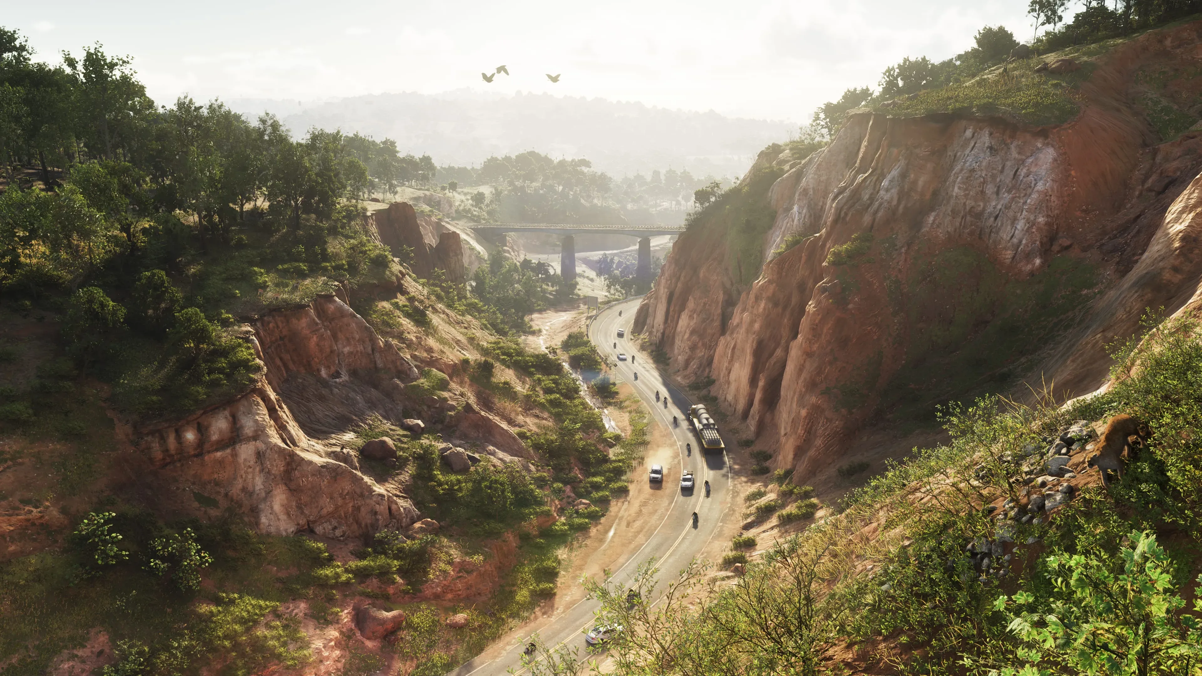 Estrada sinuosa entre cânions e vegetação densa, com carros e motos trafegando, aves voando e uma ponte ao fundo em meio a colinas.