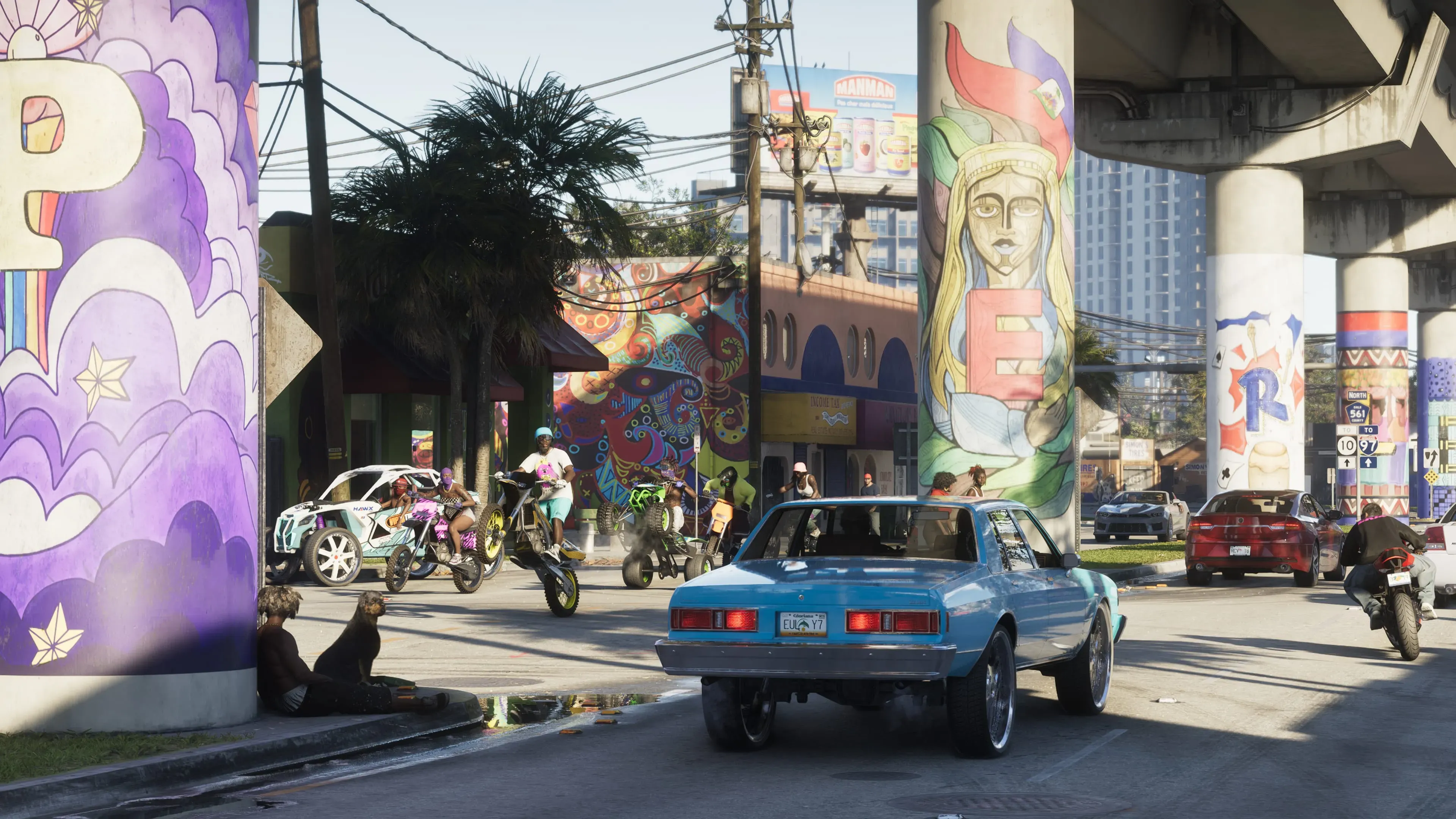 Cena urbana sob viaduto com pilares grafitados, tráfego de carros e motos, pessoas reunidas e ambiente vibrante com arte de rua e movimento.