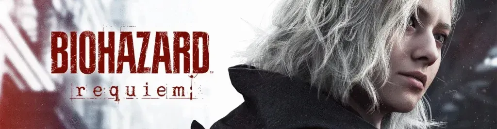 Imagem promocional do jogo "Biohazard: Requiem", mostrando o título em letras vermelhas à esquerda e um close de uma personagem de cabelos brancos com expressão séria à direita, com um fundo urbano desfocado e sombrio
