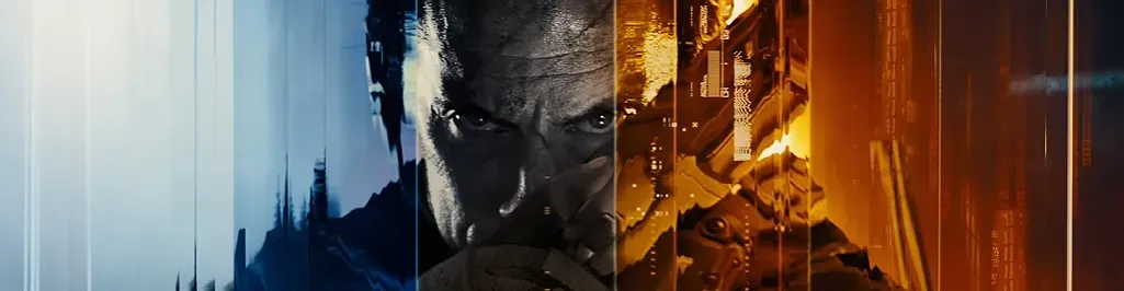 Imagem promocional com estética futurista mostrando o rosto de um personagem central de Call of Duty: Black Ops 7, dividido em tons de azul e laranja com elementos tecnológicos
