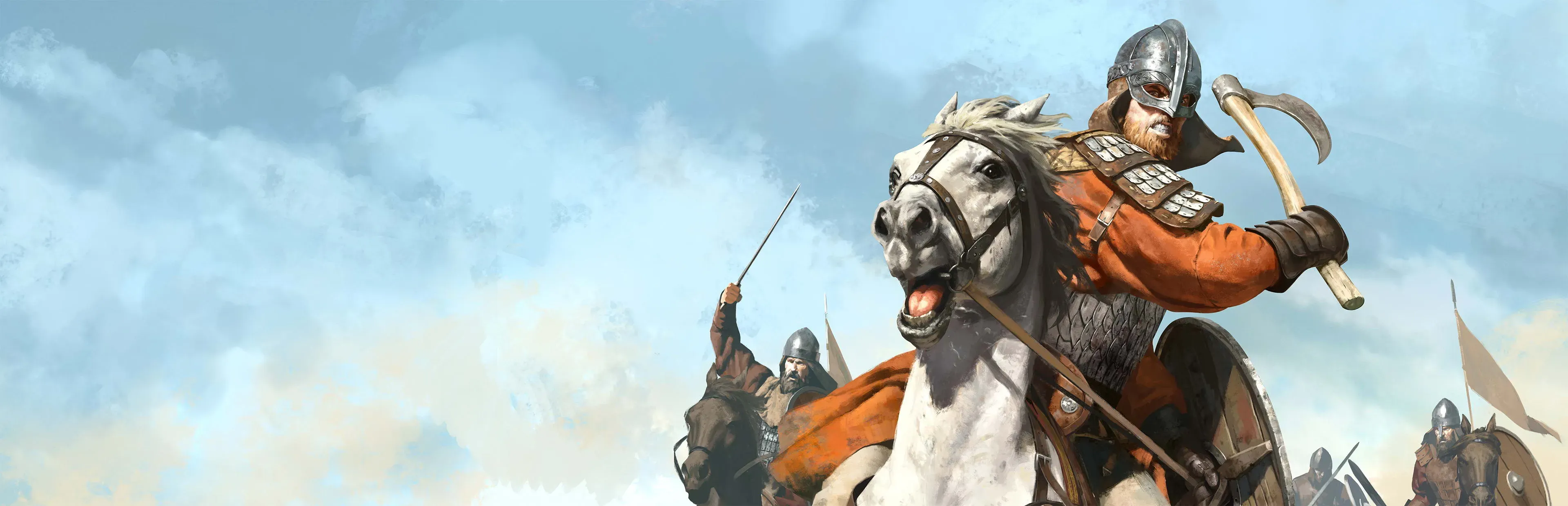 Guerreiros medievais a cavalo em batalha, um deles à frente brandindo um machado.