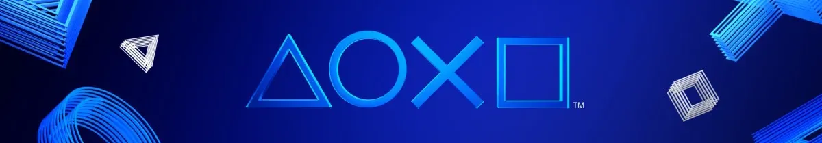 Logotipo dos botões clássicos do PlayStation (triângulo, círculo, X e quadrado) em tons de azul sobre fundo azul escuro, com elementos geométricos 3D estilizados ao redor.