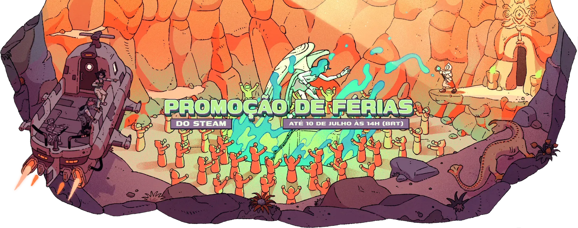 Promoção de Férias do Steam com arte colorida de aventura espacial e criaturas, válida até 10 de julho às 14h
